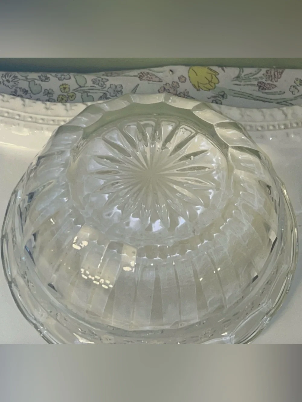 Floral Clear Lead Crystal Depression Glass Serving Bowl  Vintage MCM